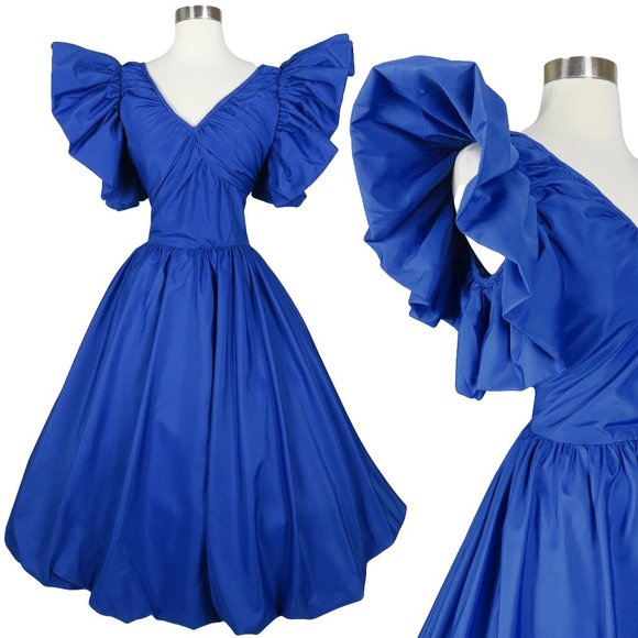 Vintage 80s Royal Blue Ruffle Sleeve Full Bubble Skirt Prom Party Dress M Medium